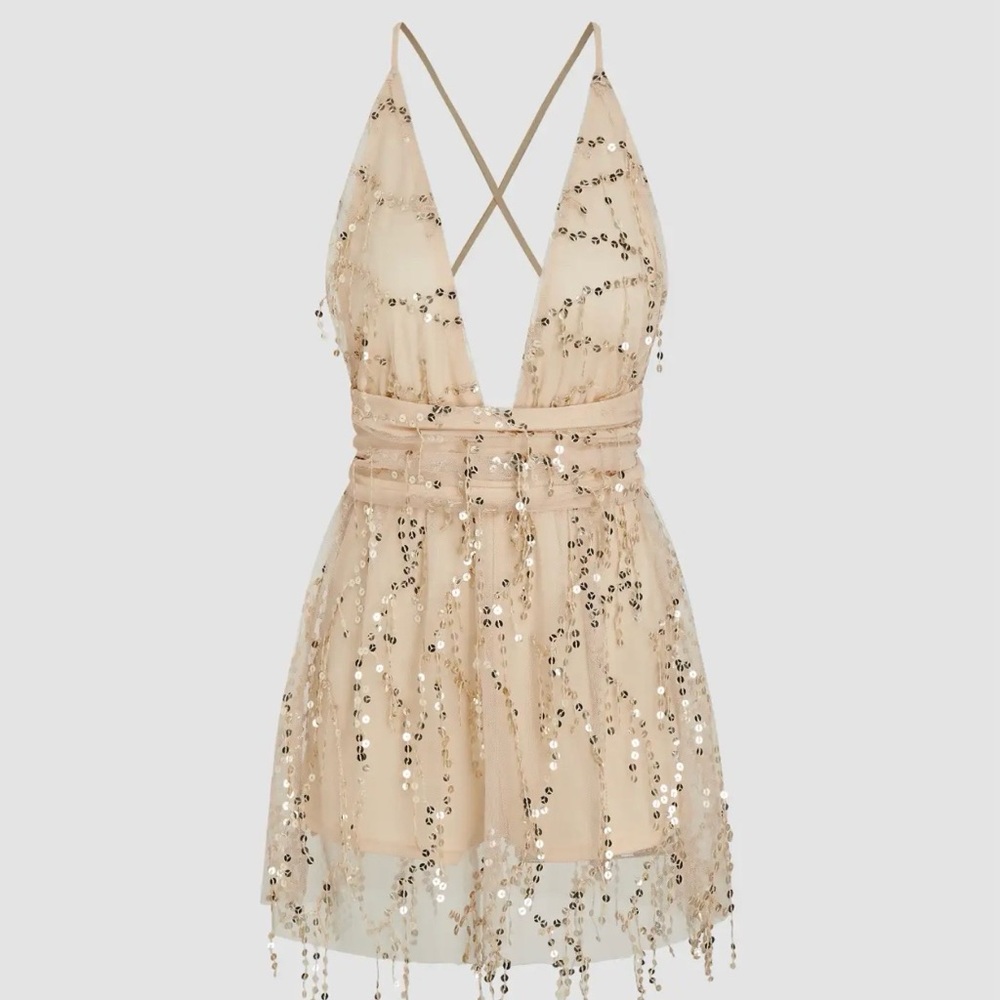 SEQUIN TASSEL V-NECK BOWKNOT MINI DRESS